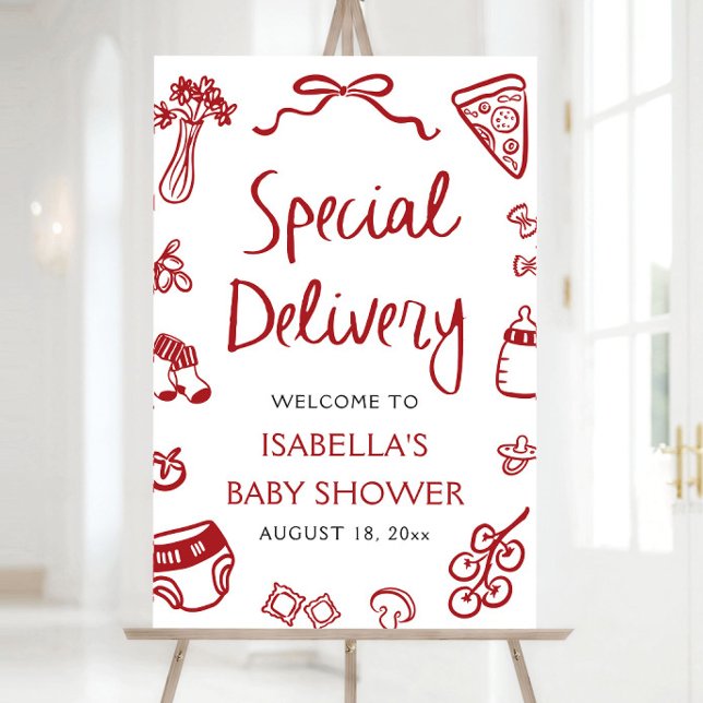 Red Italian Special Delivery Baby Shower Welcome Foam Board (Hand Drawn Italian Pizza Special Delivery Baby Shower Welcome Sign)