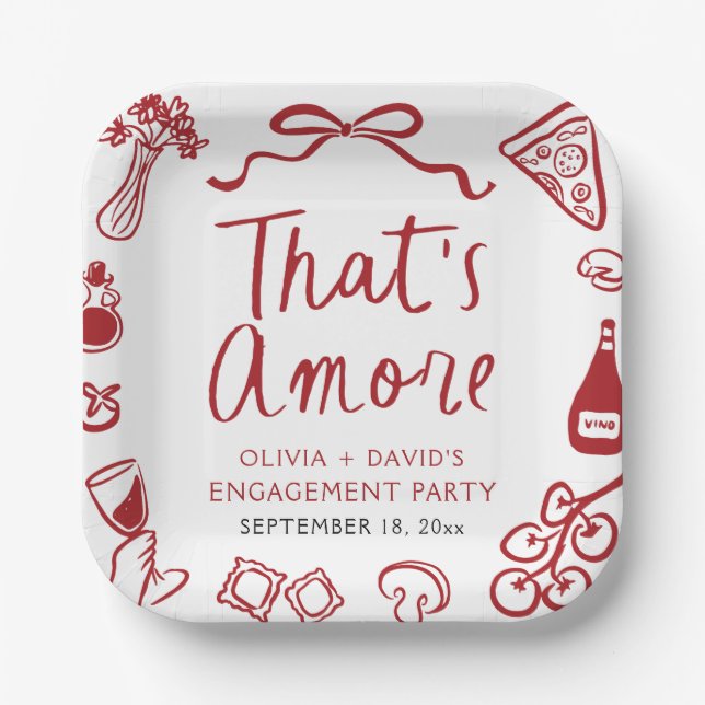 Red Italian That's Amore Pizza Engagement Party Paper Plates (Front)