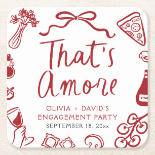 Red Italian That's Amore Pizza Engagement Party Square Paper Coaster