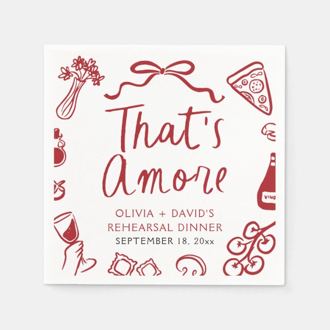 Red Italian That's Amore Pizza Rehearsal Dinner Napkins (Front)