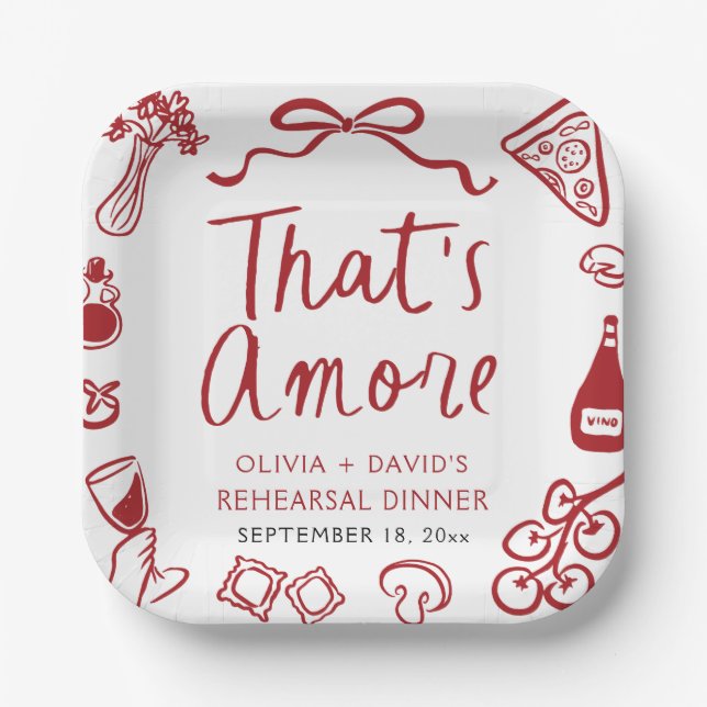 Red Italian That's Amore Pizza Rehearsal Dinner Paper Plates (Front)