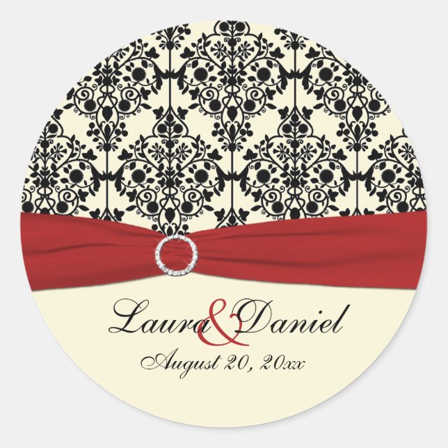 Red, Ivory, and Black Damask 1.5" Round Sticker (Front)