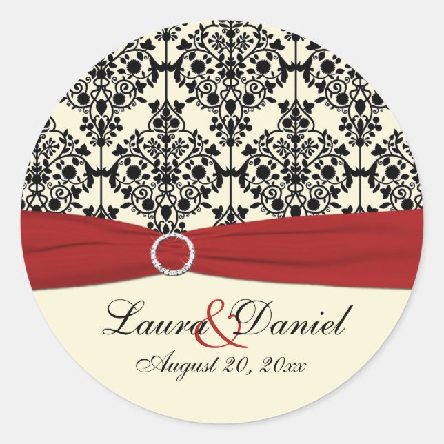 Red, Ivory, and Black Damask 1.5" Round Sticker (Front)
