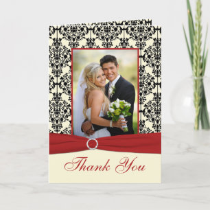 Red, Ivory, and Black Damask Photo Thank You Card