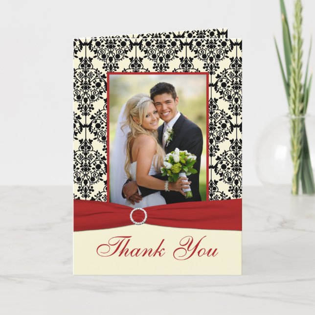 Red, Ivory, and Black Damask Photo Thank You Card (Front)