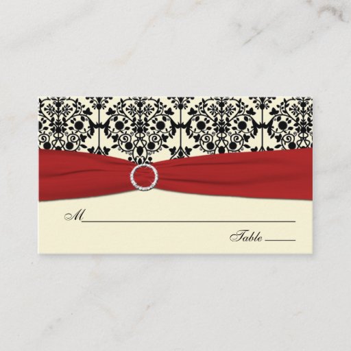 Customizable Red, Ivory, and Black Damask Placecards Business Card