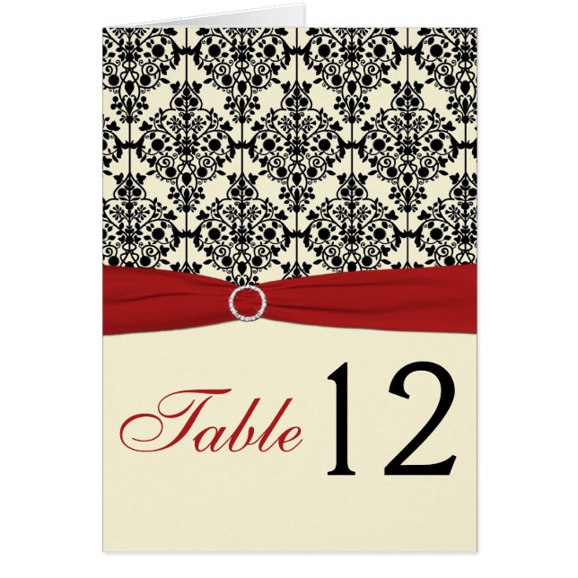 Red, Ivory, and Black Damask Table Number Card (Front)
