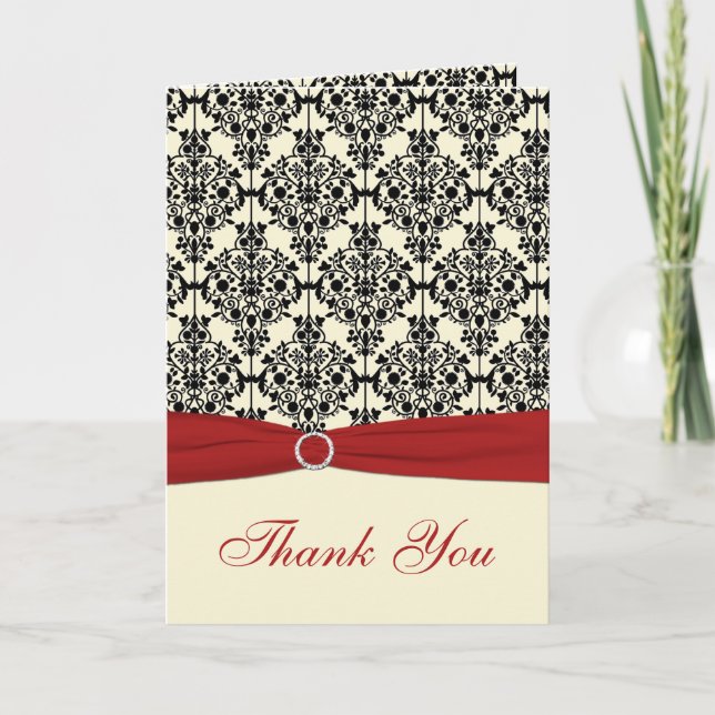 Red, Ivory, and Black Damask Thank You Card (Front)