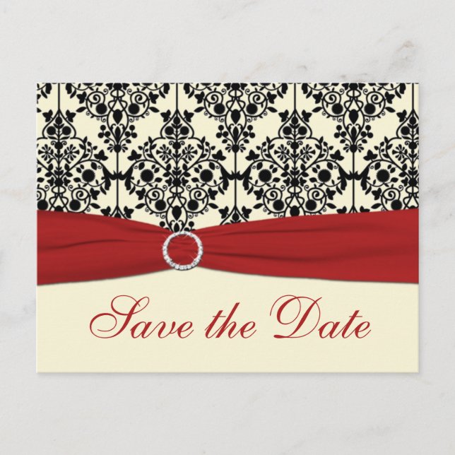 Red, Ivory, and Black Save the Date Postcard (Front)