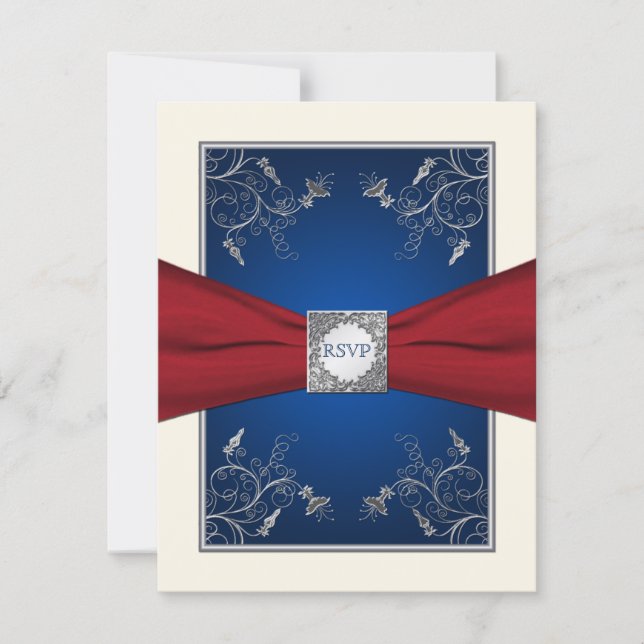 Red, Ivory, and Blue Floral RSVP Card (Front)