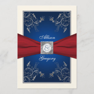 Red Ivory Blue Floral Monogram Wedding Invitation