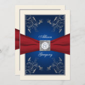 Red Ivory Blue Floral Monogram Wedding Invitation (Front/Back)