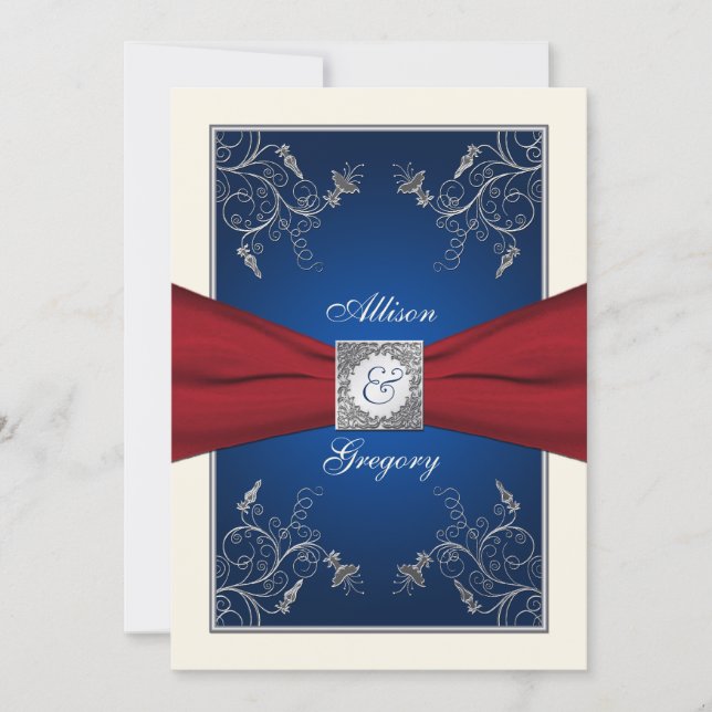 Red Ivory Blue Floral Monogram Wedding Invitation (Front)