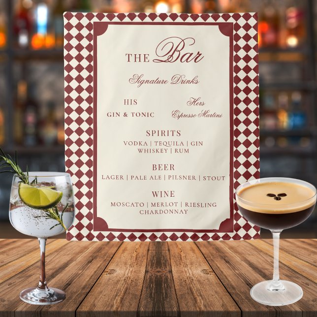 Red & Ivory Checks Old Money Wedding Bar Menu Sign Tapestry (Creator Uploaded)