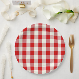 Red & Ivory Cottagecore Gingham Check Plaid Paper Plates