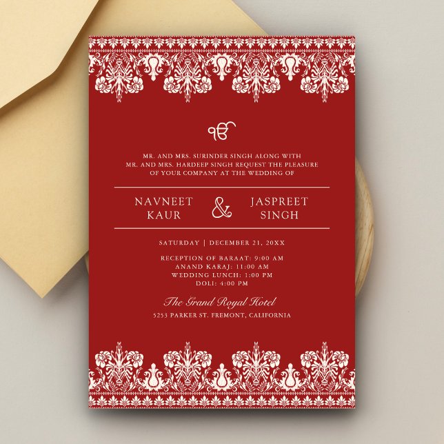 Red Ivory Damask Border Anand Karaj Sikh Wedding Invitation (Creator Uploaded)