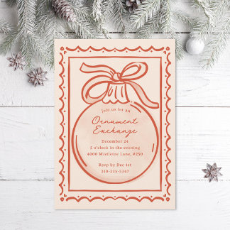 Red Ivory Doodle Ornament Exchange Holiday Party Invitation