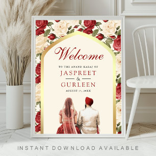 Red Ivory Floral Anand Karaj Wedding Welcome Sign
