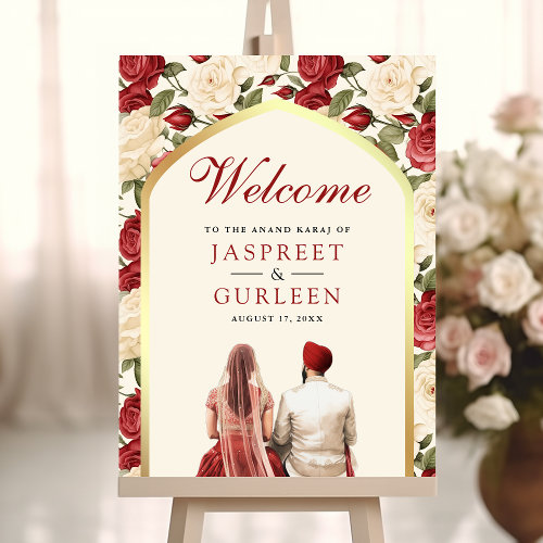 Red Ivory Floral Anand Karaj Wedding Welcome Sign