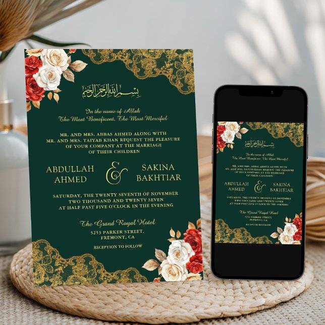 Red Ivory Floral Gold Lace Emerald Muslim Wedding Invitation (Creator Uploaded)