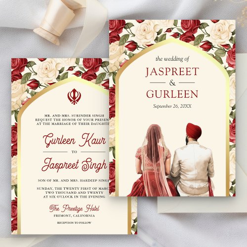 Red Ivory Floral Punjabi Anand Karaj Sikh Wedding Invitation