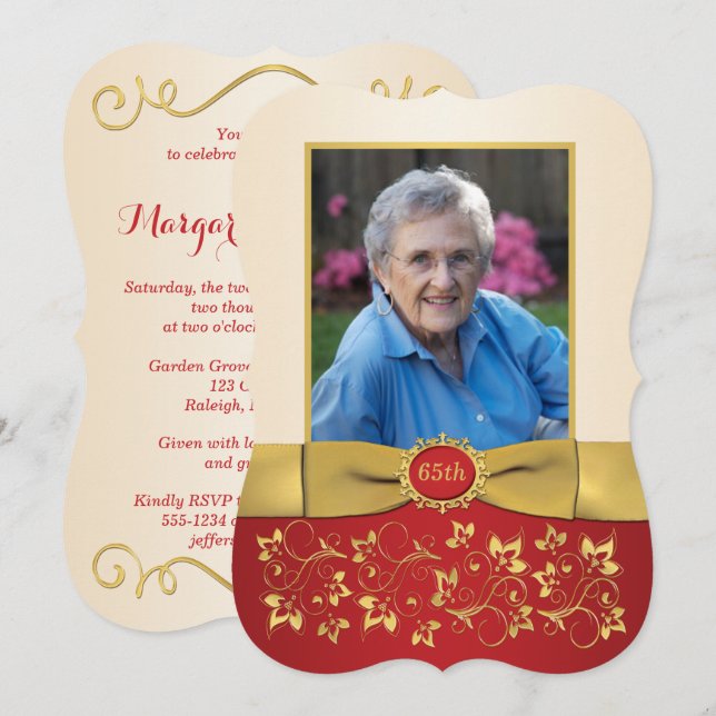 Red, Ivory, Gold 65th Photo Birthday Invitation (Front/Back)