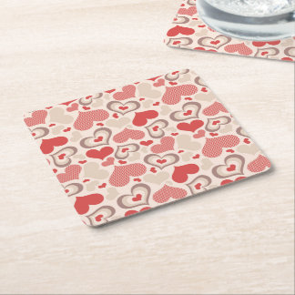 Red Ivory Heart Pattern Retro Valentines Day Art Square Paper Coaster
