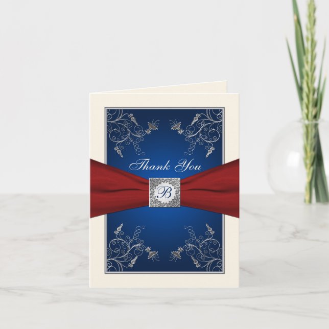 Red, Ivory, Navy Blue Floral Thank You Note Card (Front)