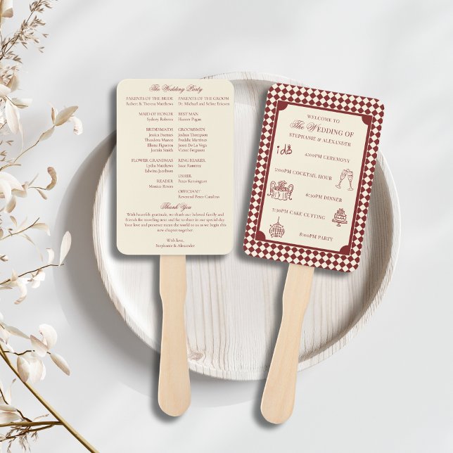Red & Ivory Old Money Wedding Program Itinerary Hand Fan (Creator Uploaded)
