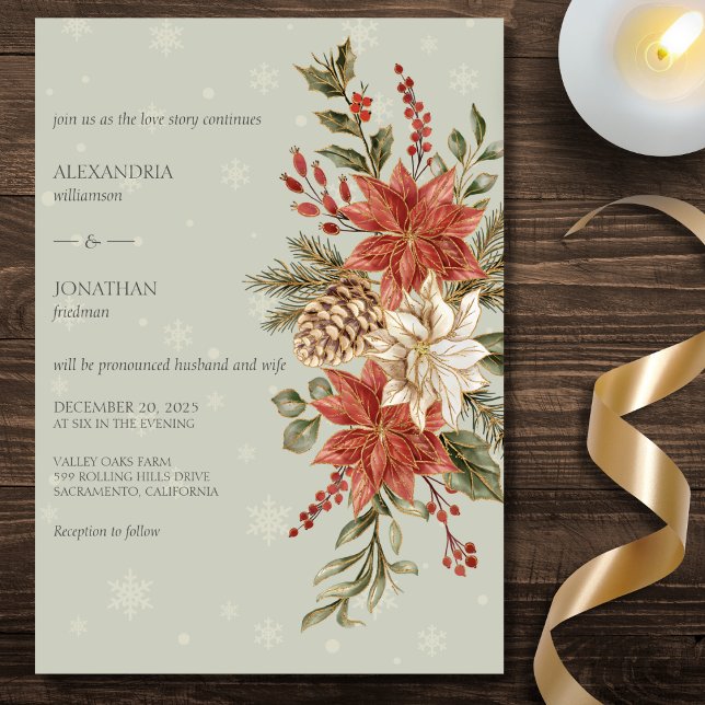 Red & Ivory Poinsettias in Snow on Sage Wedding  Invitation (Creator Uploaded)
