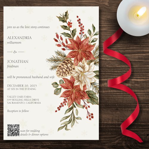 Red  Ivory Poinsettias on Ivory QR Code Wedding  Invitation