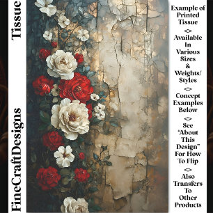 Red Ivory Roses, Aged Weathered Wall CQ4 Decoupage Tissue Paper