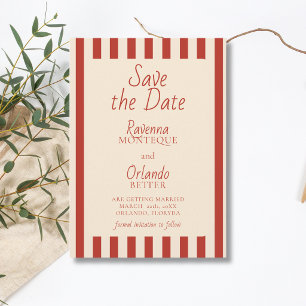 Red Ivory Stripes Retro Minimalist Wedding Save The Date