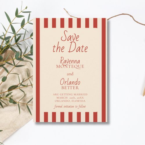 Red Ivory Stripes Retro Minimalist Wedding Save The Date