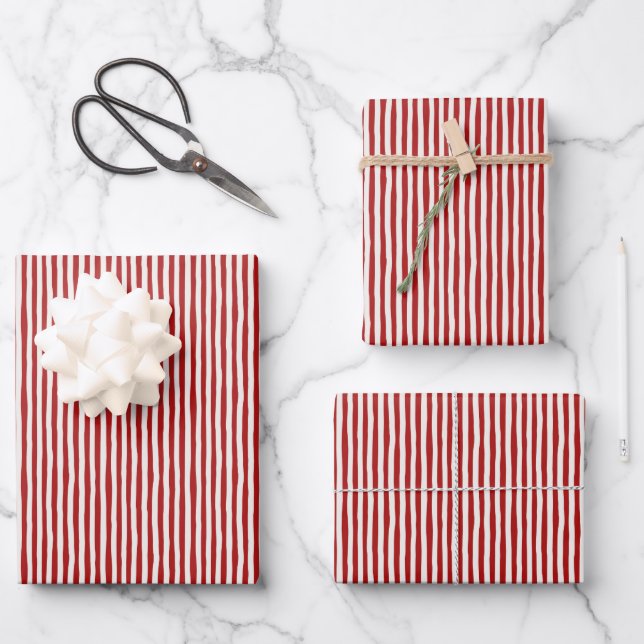 Red & Ivory Wonky Stripes Wrapping Paper Sheets (Front)