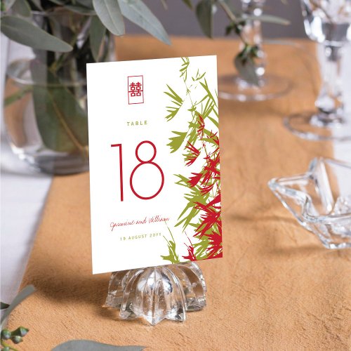 Red  Jade Green Bamboo Leaves Shuang Xi Wedding Table Number