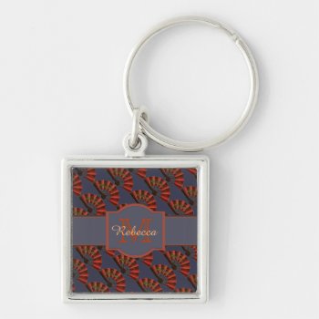 Red Japanese Antique Fans Elegant Personalised Keychain by LouiseBDesigns at Zazzle