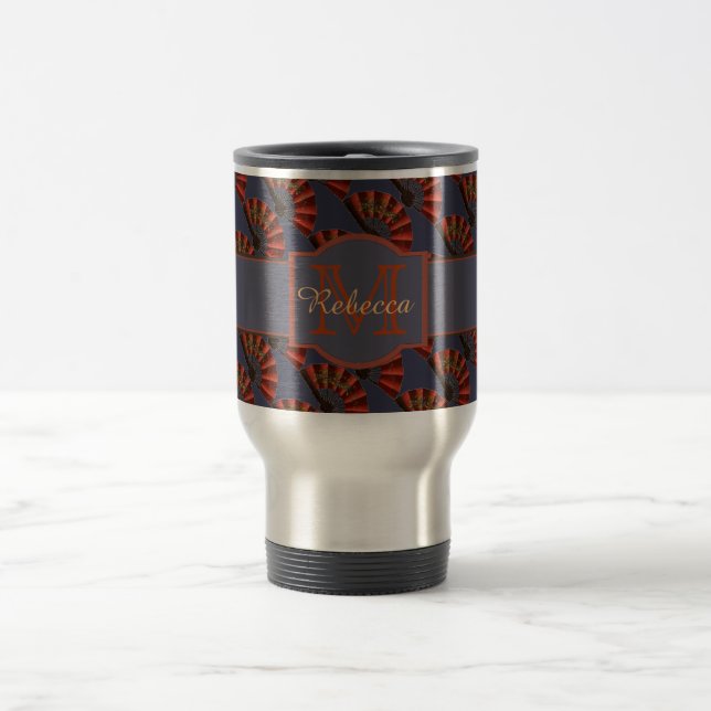 Red Japanese Antique Fans Elegant Personalised Travel Mug (Center)
