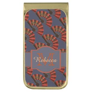 Red Japanese Antique Fans Personalised Gold Finish Money Clip