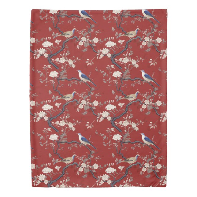 red japanese antique silk painting nature scene duvet cover (Front)