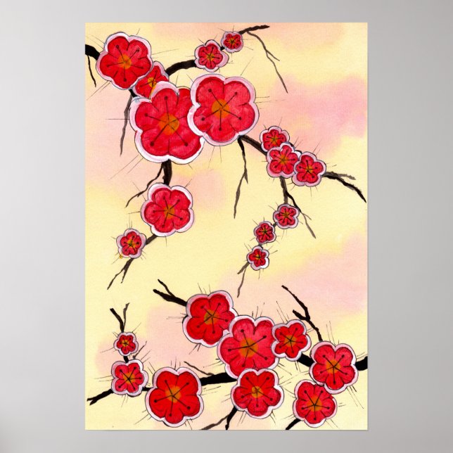 Red Japanese Cherry Blossoms Poster (Front)