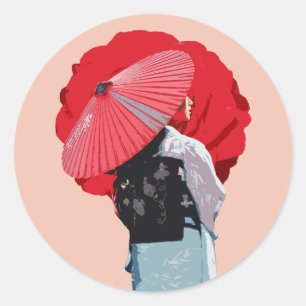 Red Japanese Kimono Tradition Digital Collage Art Classic Round Sticker
