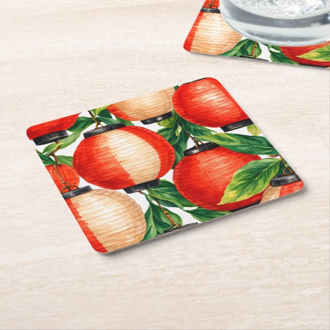 Red Japanese Lantern Leaf Square Paper Coaster (Angled)