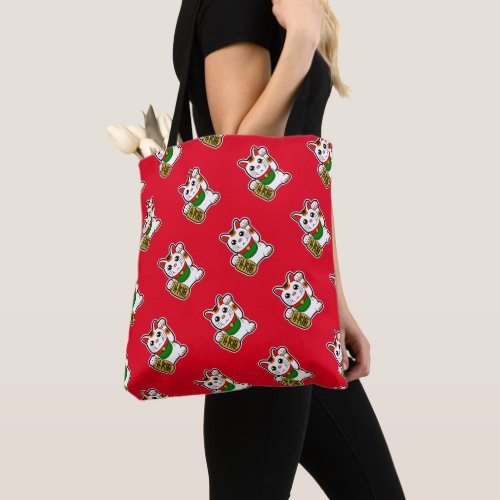 Red Japanese Lucky Cat Pattern Tote Bag