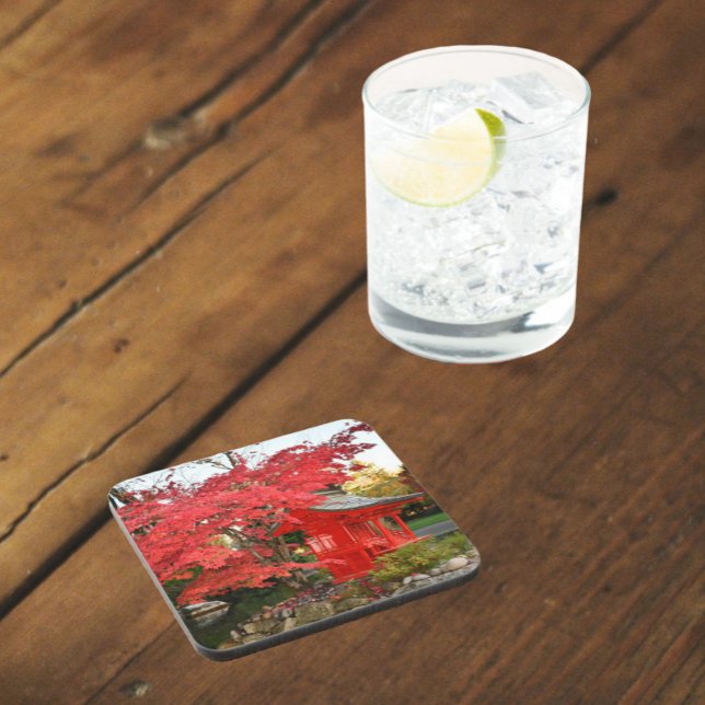 Red Japanese Maple and Garden Shrine Beverage Coaster (In Situ)