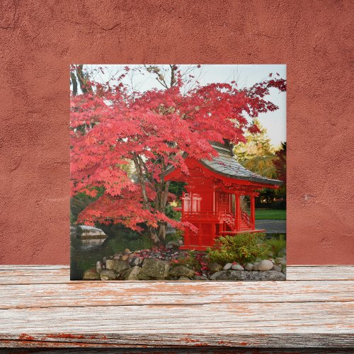 Red Japanese Maple and Garden Tea House Ceramic Tile