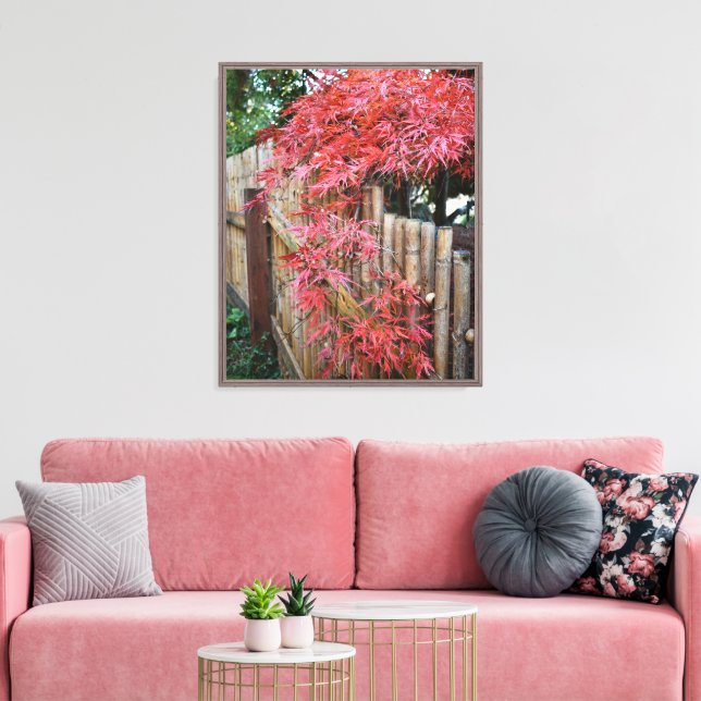 Red Japanese Maple Leaves and Bamboo Canvas Print (Insitu(LivingRoom))
