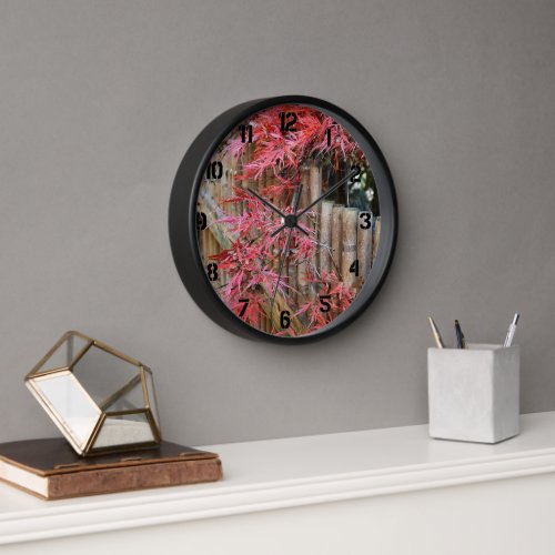 Red Japanese Maple Leaves and Bamboo Clock
