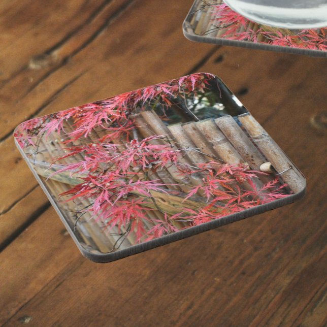 Red Japanese Maple Leaves and Bamboo Fence Beverage Coaster (In Situ)