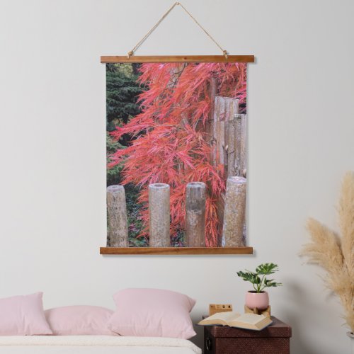 Red Japanese Maple Leaves and Bamboo Fence Hanging Tapestry